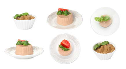 Collage with different tasty pates served with basil on white background