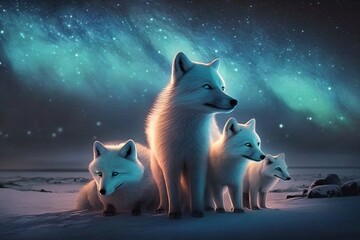 a small pack of white polar foxes in the snow created with Generative AI technology