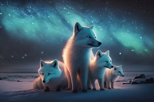 a small pack of white polar foxes in the snow created with Generative AI technology