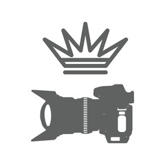 Camera lens and crown icon on white background. Vector illustration. Eps 10.