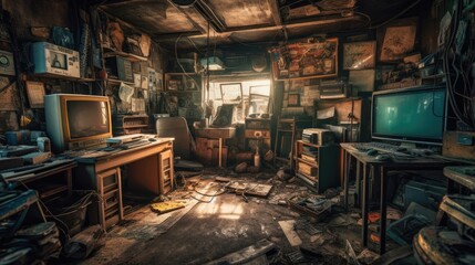 Fototapeta na wymiar Realistic Post Apocalypse Landscape illustration of gamers room at sunrise generative ai