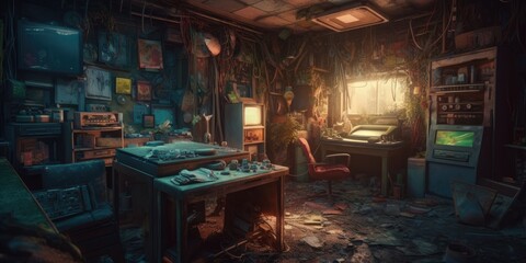 Realistic Post Apocalypse Landscape illustration of gamer room at sunset generative ai