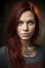 Fototapeta premium young woman with long red hair and freckles on face created with Generative AI technology