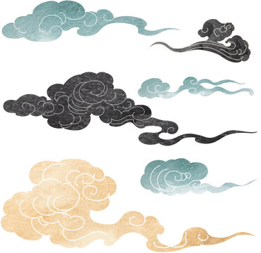Blue, black and brown brush stroke texture with Japanese chinses cloud pattern in vintage style. Abstract art landscape banner design with watercolor texture vector.