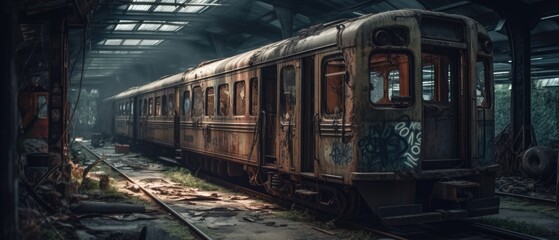 Realistic Post Apocalypse Landscape illustration of corrosion railway carriage 2 generative ai