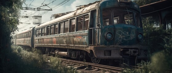 Realistic Post Apocalypse Landscape illustration of rusted metro train and greeny generative ai