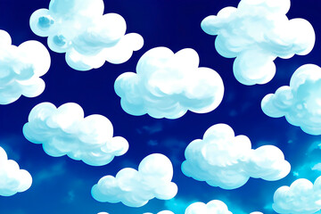 A blue sky with cute clouds in cartoon style. Generative AI.