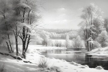 beautiful snow landscape, many trees and a small river created with Generative AI technology