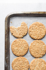 Top view of oat cookies, homemade oatmeal cookies, Top view of thin oat biscuits
