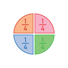 Four parts of circle. Pie chart with four same size sectors. Vector illustration isolated on white background.