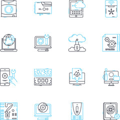Tech devices linear icons set. Smartph, Tablet, Laptop, Computer, Smartwatch, Fitness-tracker, Earbuds line vector and concept signs. Keyboard,Mouse,Printer outline illustrations