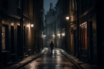 a man walks through a small dark alley in an old town created with Generative AI technology