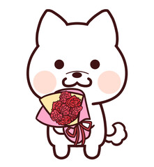 カーネーションの花束を持つ白柴犬