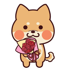 カーネーションの花束を持つ赤茶柴犬