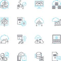Market monitoring linear icons set. Analysis, Forecasting, Insights, Tracking, Reporting, Metrics, Trends line vector and concept signs. Data,Analytics,Observations outline illustrations