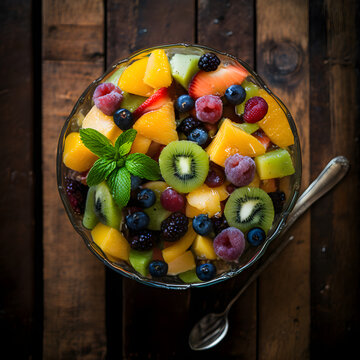 Delicious Vibrant Fruit Salad, Kiwi, Strawberry, Grapes, Mint, Mango