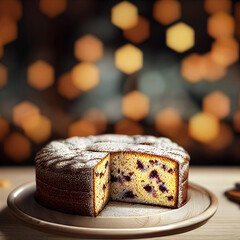Delicious sponge cake with blueberries at a wooden table, against blurred lights. Generative AI