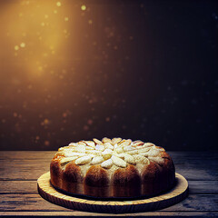 Delicious sponge cake with almonds at a wooden table, against blurred lights. Generative AI
