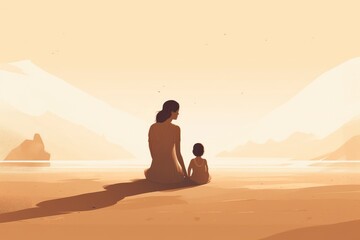 Mother's Day illustration with a minimalist style that showcases a mother and child enjoying a peaceful day at the beach. Soft, muted tones. Generative AI