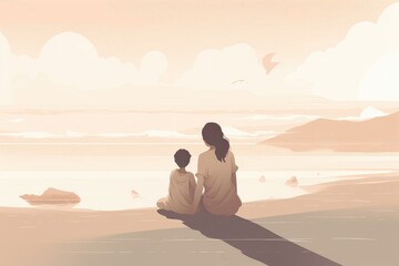 Fototapeta na wymiar Mother's Day illustration with a minimalist style that showcases a mother and child enjoying a peaceful day at the beach. Soft, muted tones. Generative AI