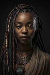 a woman with long dreadlocks and dark skin color created with Generative AI technology