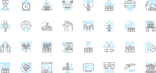 Job output linear icons set. erformance, Efficiency, Delivery, Productivity, Efficiency, Effectiveness, Results line vector and concept signs. Outcome, Workmanship, Contribution outline illustrations