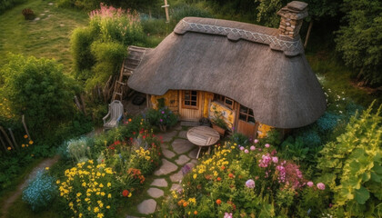 Yellow flowers adorn rustic cottage in meadow generated by AI