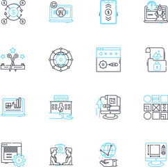 Industry planning linear icons set. Forecasting, Strategy, Analysis, Production, Optimization, Development, Innovation line vector and concept signs. Implementation,Efficiency,Resource Allocation