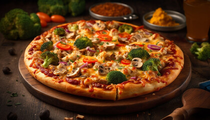 Freshly baked pizza on rustic wooden table generated by AI