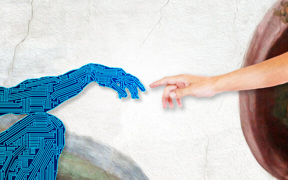 A person's finger touching a robot's finger recreating the scene from the painting "The Creation of Adam" to represent the development of artificial intelligence.