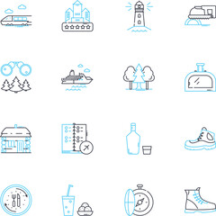 Bike rides linear icons set. Adventure, Scenery, Thrill, Freedom, Fitness, Nature, Challenge line vector and concept signs. Serenity,Excitement,Refreshing outline illustrations
