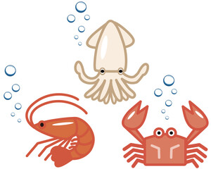 エビ・イカ・カニ・海の泡のシンプルベクターイラスト