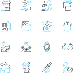 Pharmacology linear icons set. Medications, Drugs, Pharmacokinetics, Pharmacodynamics, Receptors, Toxicology, Dosage line vector and concept signs. Adverse effects,Side effects,Analgesics outline