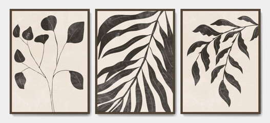 Art set of vector posters with abstract foliage of palms, eucalyptus in modern style. Botanical design with tropical plants for decor, print, cover, background, wallpaper, banner. © VectorART