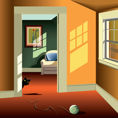 a nice interior of colorful classic home with an armchair, windows, lights and shadows, and a little cat playing with a ball yarn, perspective interior.