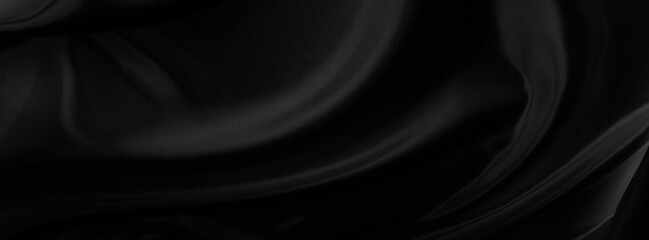 Black gray satin dark fabric texture luxurious shiny that is abstract silk cloth panorama background with patterns soft waves blur beautiful.