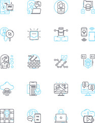 Cyber connections linear icons set. Cybersecurity, Nerking, Firewall, Router, Encryption, Phishing, Hacking line vector and concept signs. Malware,Virus,Identity outline illustrations