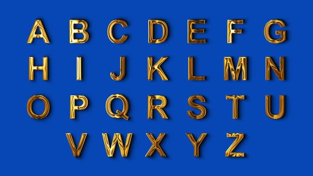 3d golden metallic English alphabet  set on blue screen, luxury shiny and glowing letters, design element 4k loop animation 
