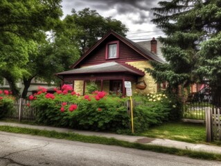 a beautiful brick house with a garden full of colorf