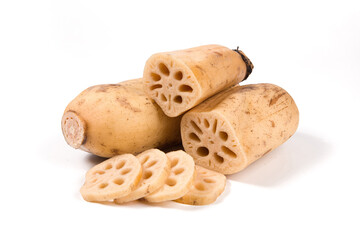 Fresh raw lotus root slice isolated on white background