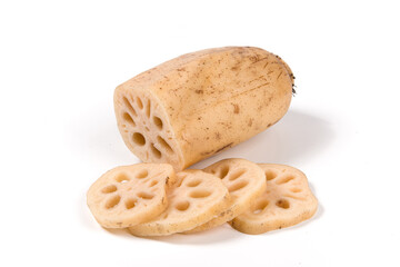 Fresh raw lotus root slice isolated on white background