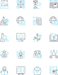 Knowledge thirst linear icons set. Curiosity, Learning, Understanding, Insight, Enquiry, Discovery, Inquisitiveness line vector and concept signs. Scholarship,Education,Wisdom outline illustrations