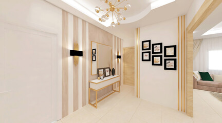 frames, mirror, royal wall and floor, lamps with light in a corridor of luxury house