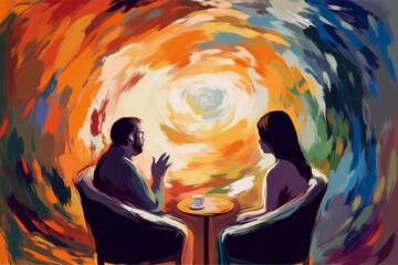Concept art of psychotherapy, therapist and patient sitting at the table. Colorful background. Illustration. Generative ai - obrazy, fototapety, plakaty