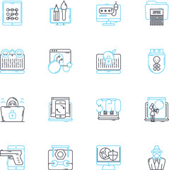 Data protection linear icons set. Privacy, Security, Encryption, Compliance, Confidentiality, Anonymity, Integrity line vector and concept signs. Access,Breach,Backup outline illustrations