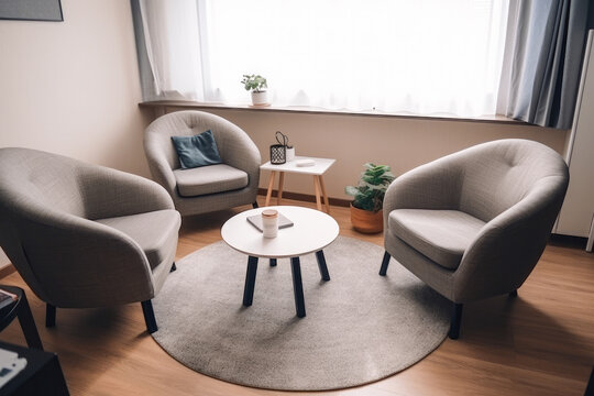 Photo of an empty psychotherapy office. High quality Generative ai
