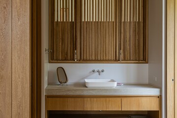 modern and minimalist bathroom with wooden windows