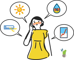 夏の紫外線やエアコンの冷気などによるトラブルに悩んでいる女性　イラスト素材
