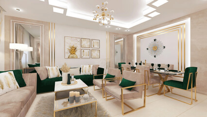 living room with royal chairs and luxury sofa, eating table with cups and dishes, clock and frames on the wall