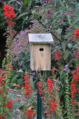 Fototapeta na wymiar Weathered wooden birdhouse in summer garden